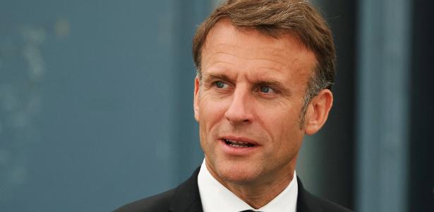 10.jun.2024 - O presidente da França, Emmanuel Macron, em cerimônia para marcar o 80º aniversário do