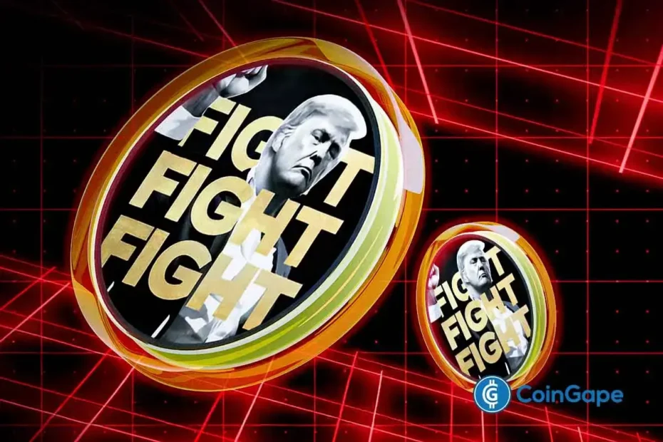 Representação visual de moedas Trump com a imagem do ex-presidente e o slogan "FIGHT FIGHT FIGHT" em fundo preto com grade vermelha.