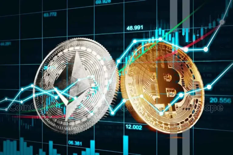 Representação gráfica de moedas Bitcoin e Ethereum com linhas de tendência de alta em um fundo de gráfico financeiro.