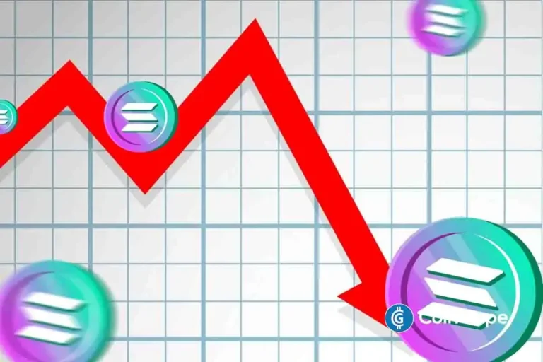 Gráfico mostrando uma linha vermelha em queda com logotipos da Solana flutuando ao redor.