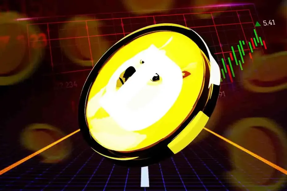 Moeda digital Dogecoin com o ícone do cachorro Shiba Inu em fundo amarelo, acompanhada de gráfico de preços em alta.