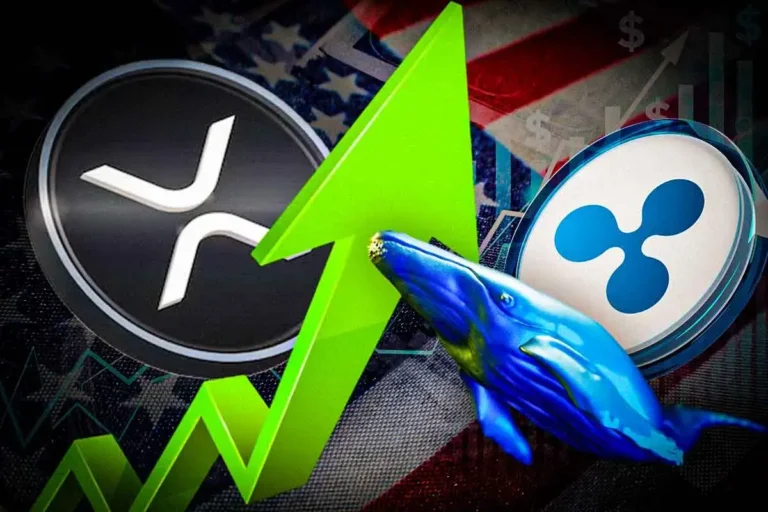 Imagem mostrando logotipo do XRP e da Ripple com seta verde indicando alta, sobre fundo com bandeira americana e gráficos financeiros.