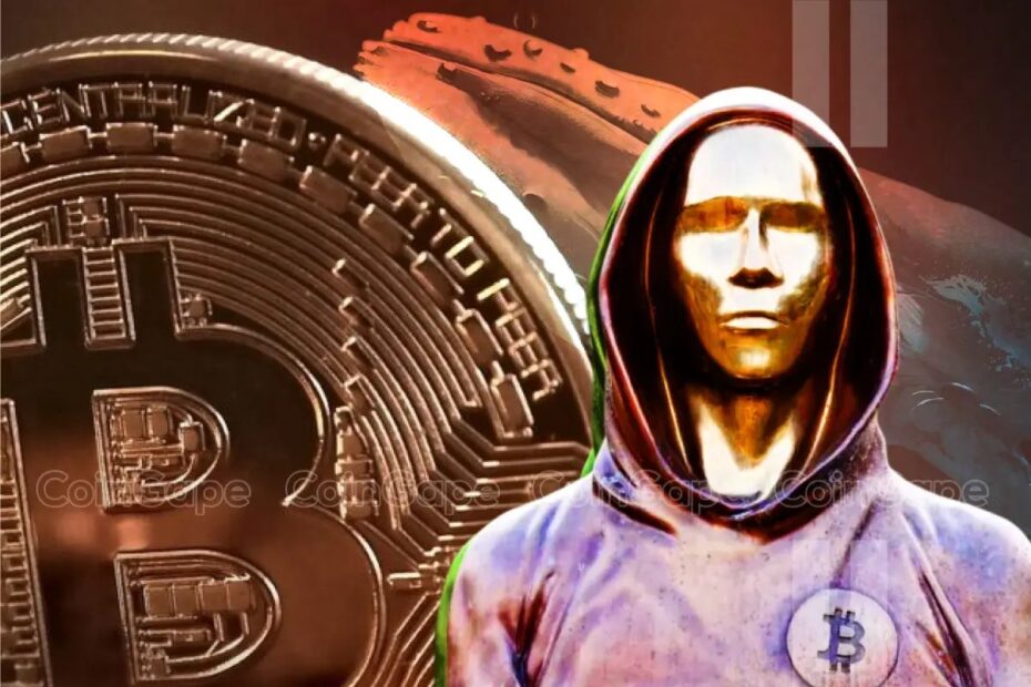 Figura misteriosa encapuzada representando Satoshi Nakamoto ao lado de moeda Bitcoin dourada, simbolizando sua fortuna de US$ 120 bilhões.
