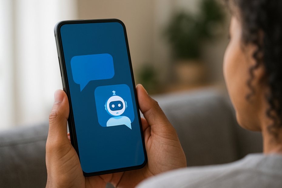 Smartphone exibindo conversa entre humano e assistente virtual, com foco na tela e fundo desfocado.