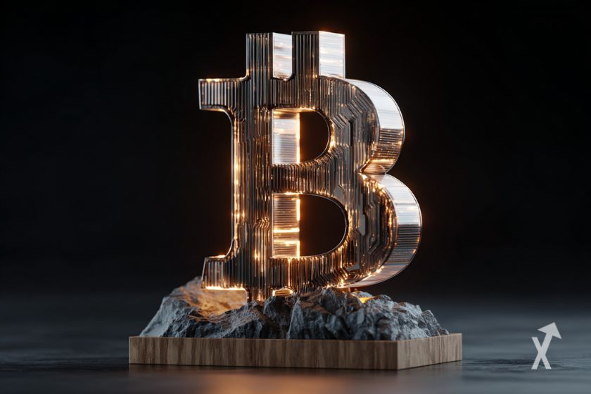 Símbolo Bitcoin em azul.