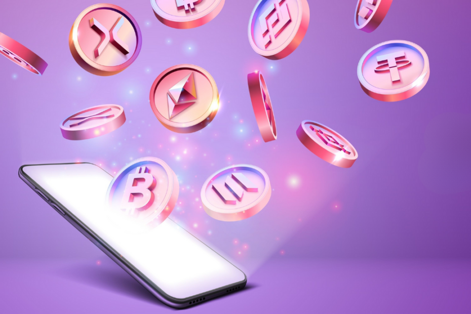 criptomoedas saindo de tela de celular