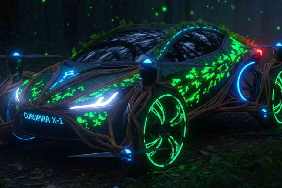 Carro criado pela IA da Gemini inspirado na lenda do Curupira, ele brilha no escuro com luzes verdes e azuis, como um vaga-lume.