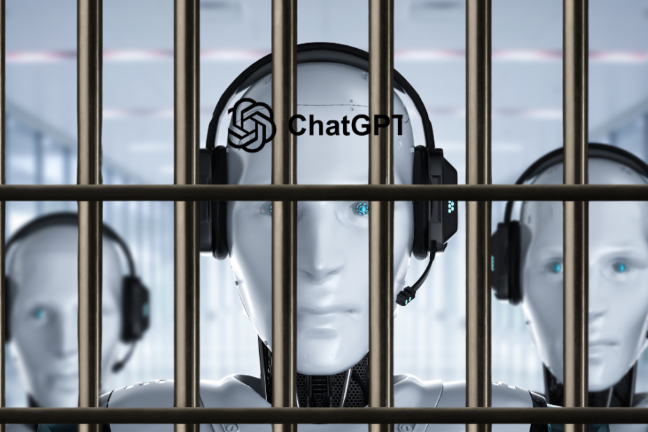 Montagem com robôs de inteligência artificial em fundo branco, atrás das grades ia chatgpt gemini