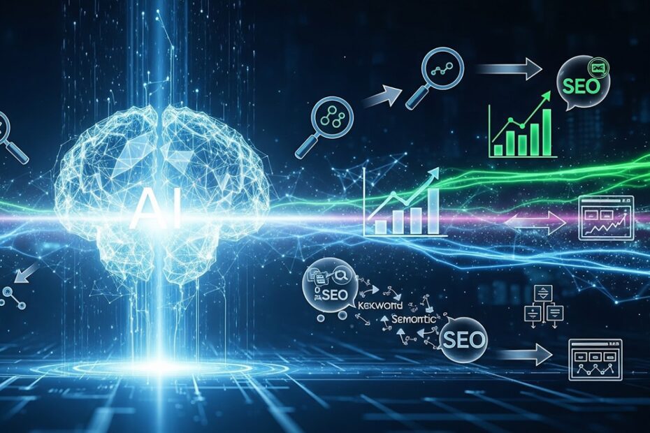 Cérebro com “AI” ao centro, representando a inteligência artificial aplicada ao SEO, com ícones de dados, gráficos e crescimento digital ao redor.