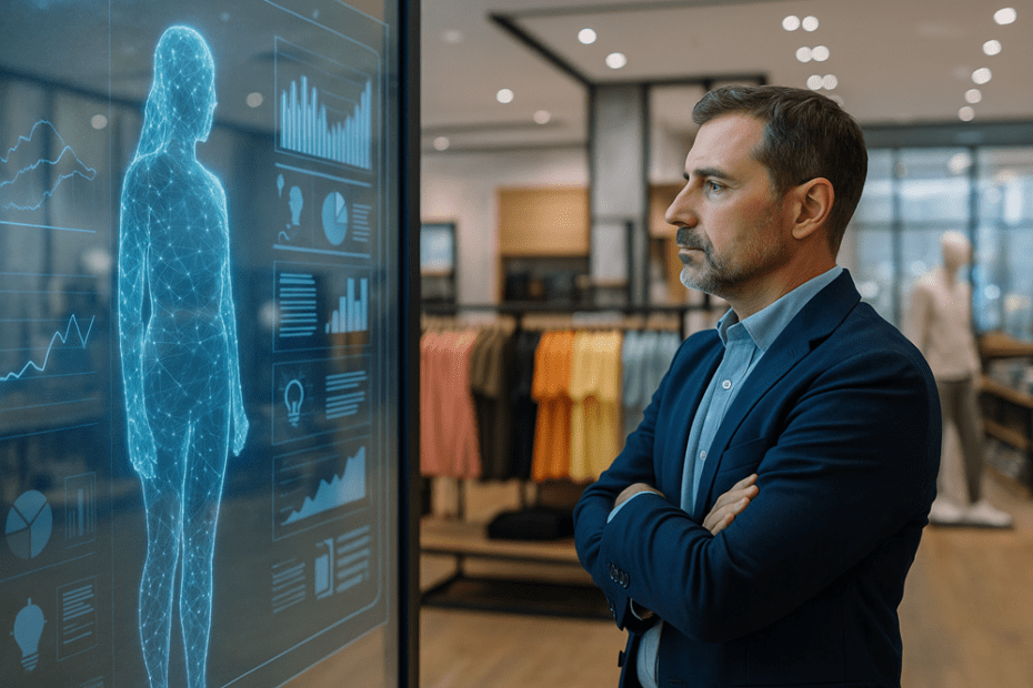 Homem observando holograma com dados e gráficos em uma loja de roupas moderna.