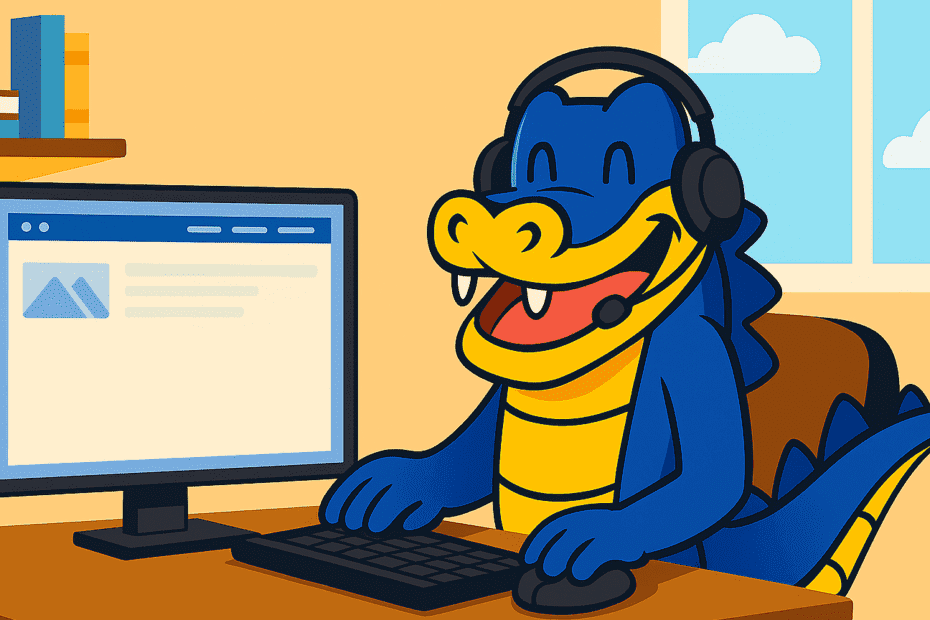 Desenho com jacaré azul do logo da HostGator sentado diante de uma mesa de escritório, usando fones e um computador