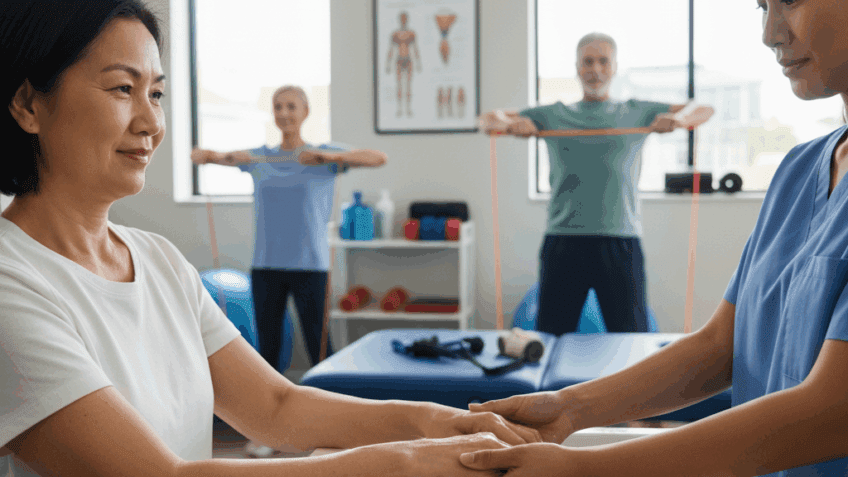 imagem criada por inteligência artificial mostra paciente fazendo fisioterapia