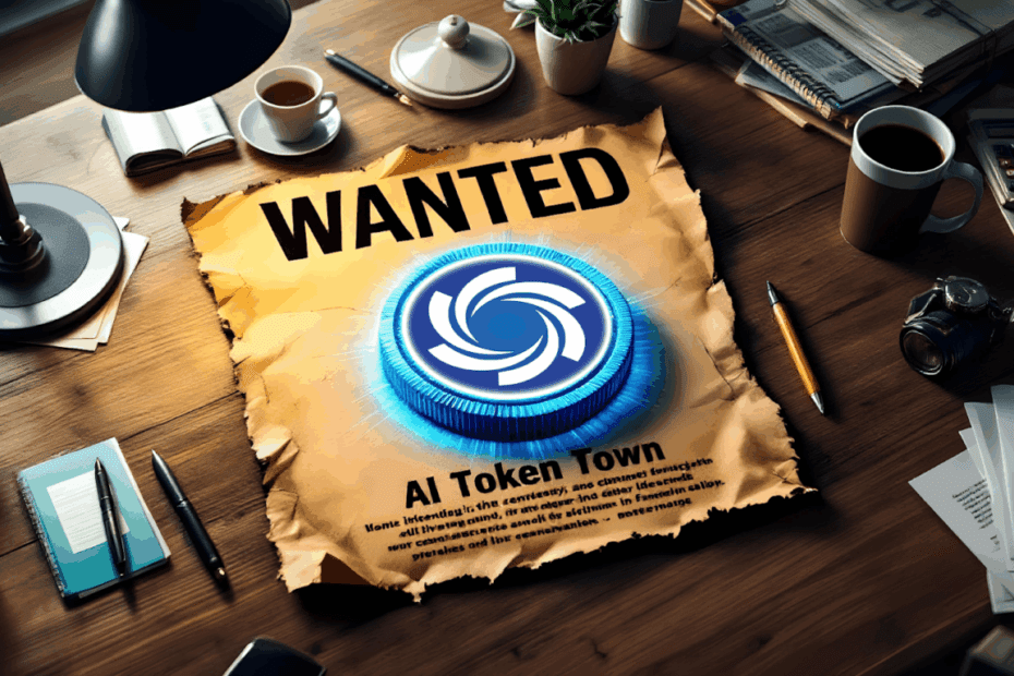 Pôster de procurado com logotipo de token azul representando a Ozak AI sobre mesa de trabalho, simbolizando a ascensão das criptomoedas de inteligência artificial em 2025.