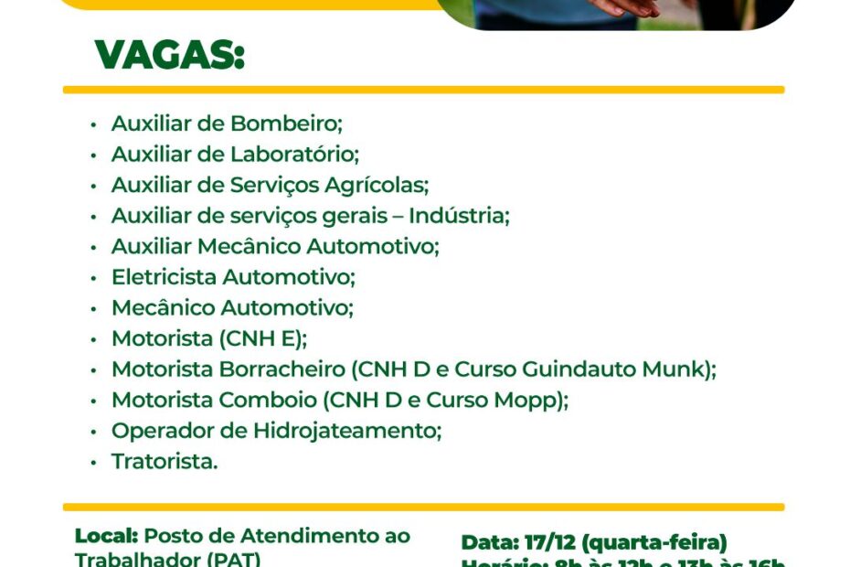 Prefeitura de Pereira Barreto divulga Mutirão do Emprego com dezenas de vagas na Unidade Vale do Paraná