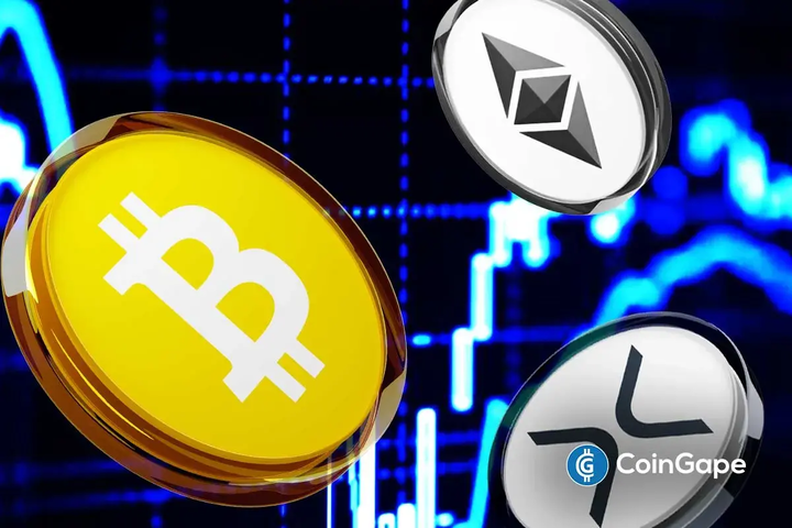 Ilustração digital mostrando moedas de Bitcoin, Ethereum e XRP sobre fundo azul com gráficos de mercado.