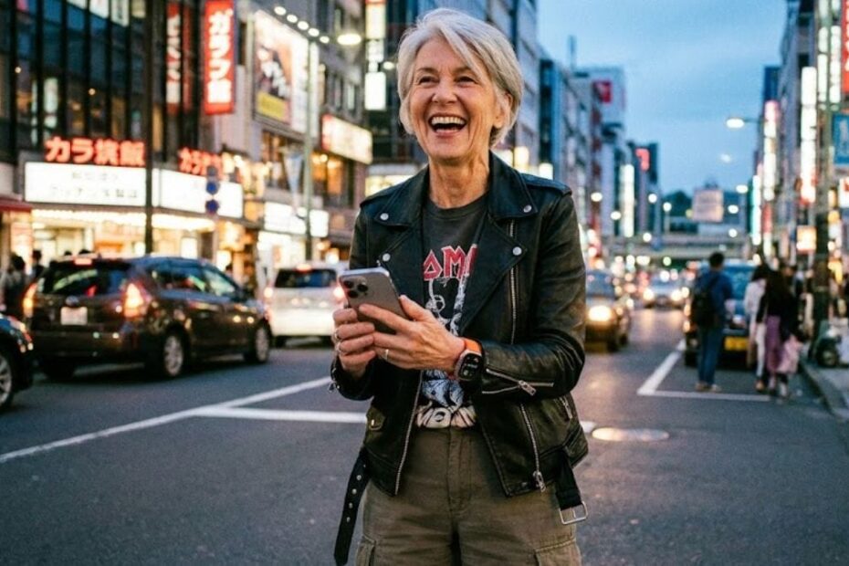 uma pessoa de cabelos grisalhos (50-60 anos), muito bem vestida (estilo moderno/casual, jaqueta de couro ou tênis da moda), segurando um smartphone de última geração e rindo, ou usando um smartwatch. O fundo deve ser urbano e iluminado.