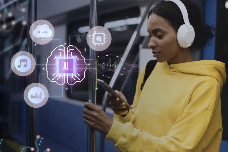 Inteligência artificial - IA, moça com fones de ouvido e celular
