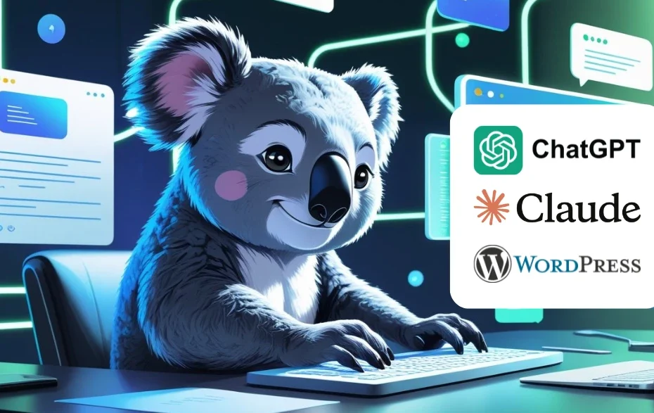 Coalinha digitando em computador, ícones ChatGPT, Claude, WordPress.