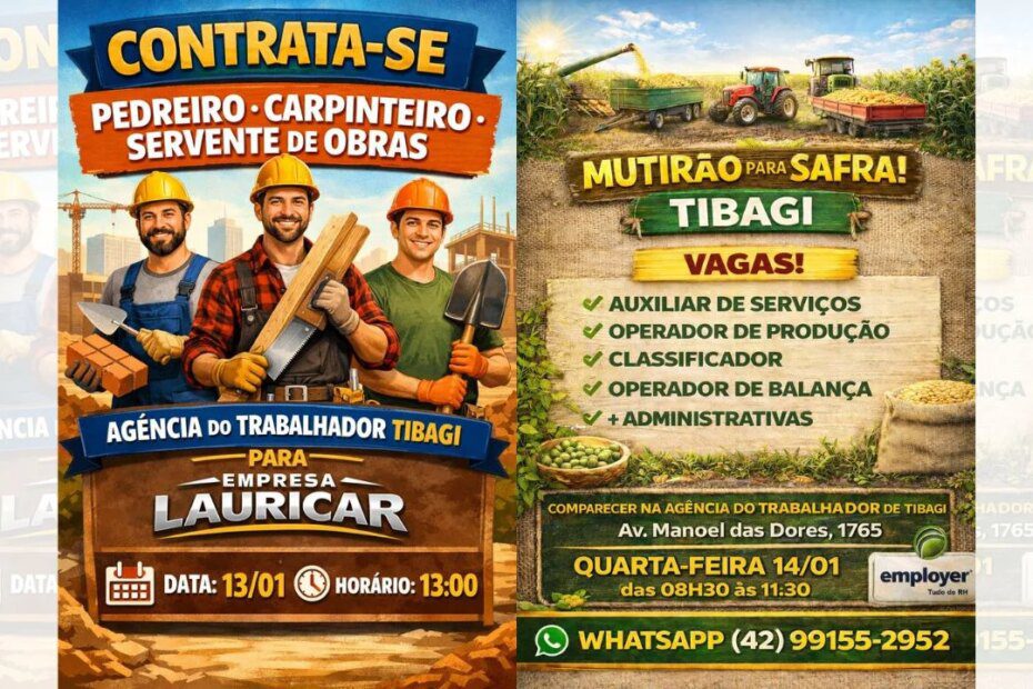 Tibagi promove dois mutirões de emprego nesta semana com vagas na construção civil e para a safra - Prefeitura Municipal de Tibagi