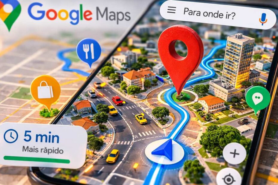 Google Maps em um smartphone exibindo rotas e informações de trânsito em uma cidade.